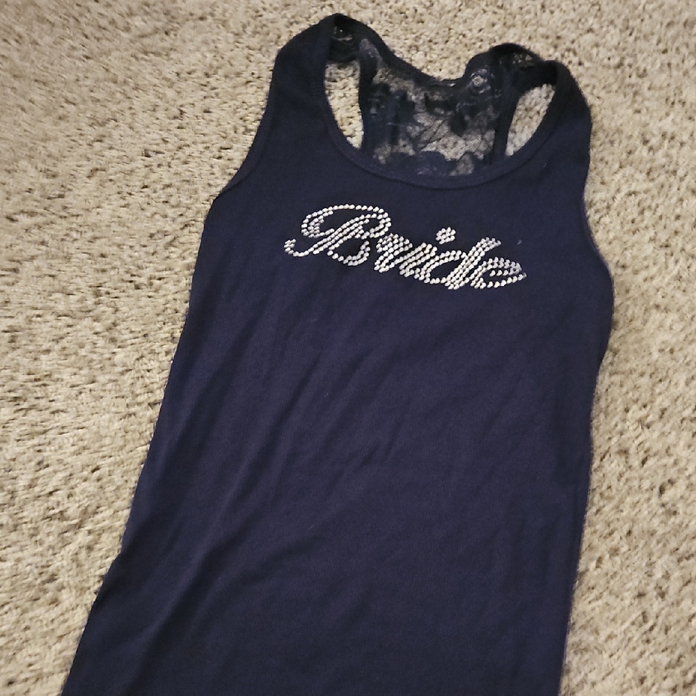 Navy "Bride" Rhinestone Lace Racerback Tank